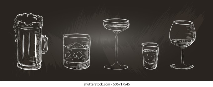 Set of  hand-drawn alcoholic beverages in a sketch style. Cocktail, whiskey, brandy, cognac, wine, beer and other drinks. Isolated on a chalkboard.