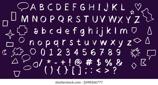 Um conjunto de letras, números e símbolos desenhados à mão, incluindo pontuação e formas básicas, exibidos de forma proeminente em um fundo roxo profundo para aplicações de design criativo.
