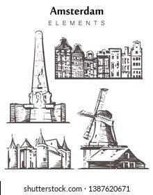 Set of hand-drawn Amsterdam buildings elements sketch vector illustration. Windmills of the Zaanse Schans and Dam Square, the Castle Muiderslot, Houses of Amsterdam.