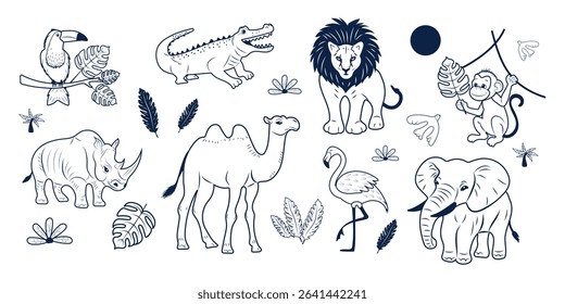 A set of hand-drawn animals in blue ink. Lion, elephant, crocodile, camel, rhinoceros, monkey and tropical birds and plants. Minimalistic linear sketch. Vector illustration