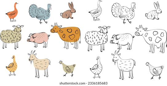 Conjunto de animales dibujados a mano. Colorida imagen de dibujos animados de animales domésticos de granja de doodles.