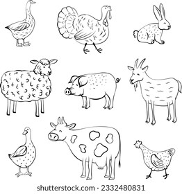 Set of hand-drawn animals. Isolated doodle cartoon illustration.