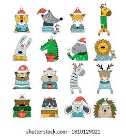 Set of hand-drawn animals in winter costumes isolated on white background. Vector illustration for decoration Christmas greeting card, posters, banner, advent calendar.