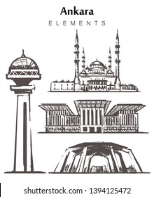 Set of hand-drawn Ankara buildings elements sketch vector illustration. The Atakule tower, Presidential Palace,  Ankara, Kocatepe Mosque, Anitkabir isolated on white background.