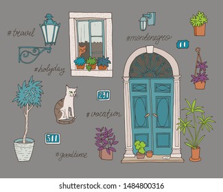 Set of hand-drawn architectural elements, like windows, doors, street lamps, house numbers. Cats, home plants.