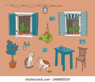 Set of hand-drawn architectural elements, like windows, doors, street lamps, house numbers. Cats, home plants.