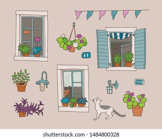 Set of hand-drawn architectural elements, like windows, doors, street lamps, house numbers. Cats, home plants.