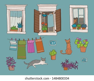 Set of hand-drawn architectural elements, like windows, doors, street lamps, house numbers. Cats, home plants.