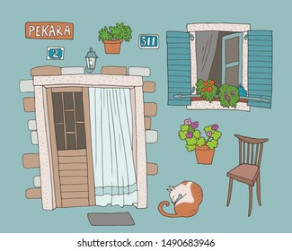 Set of hand-drawn architectural elements, like windows, doors, street lamps, house numbers. Cats, home plants. Lettering in montenegrin - Pekara (Bakery) 