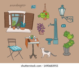 Set of hand-drawn architectural elements, like windows, street lamps, drinking fountain, house numbers. Cats, home plants.