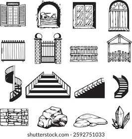 Set of Hand-Drawn Architectural and Natural Elements Icon Set in Black outline Vector