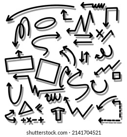 Set of handdrawn arrow element. Direction pointer object shadow isolated vector. 