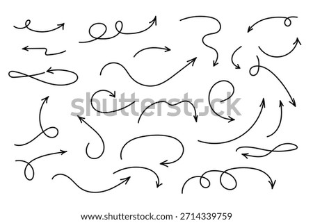 A set of hand-drawn arrow icons in black marker, doodle style, vector line illustration. Elegant, curved with loop, infinity sign, graphic elements, direction indicators, movements