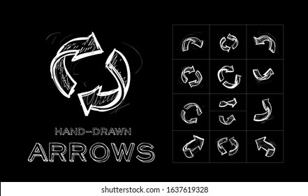 
Set of hand-drawn arrows. 360 degrees arrow. Vector 3d illustration on a black background.