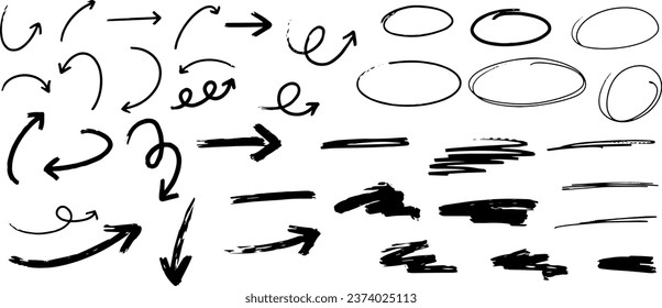 Set of hand-drawn arrows, circles and lines. Collection of hand drawn arrows on a transparent background. Vector arrow icons
