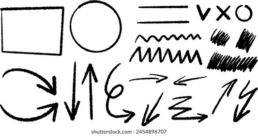Set of hand-drawn arrows, circles and lines. Collection of hand drawn arrows on a transparent background. Arrow icons