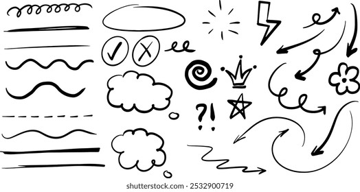 Satz handgezeichneter Pfeile, Kreise und Linien. Sammlung von handgezeichneten Pfeilen auf transparentem Hintergrund. Vektorpfeilsymbole