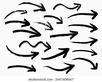 Set of Hand-Drawn Arrows Created with Brush Strokes. Black Ink Directional Marks Isolated on White Background for Highlight and Emphasis