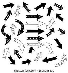 A set of hand-drawn arrows in different directions.Contour isolated drawing in cartoon style on a white background.Ready-made brushes for business projects, infographics, icons.