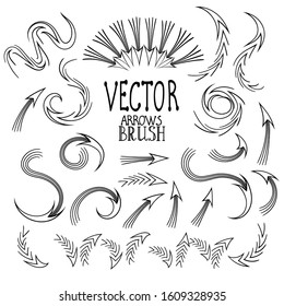 A set of hand-drawn arrows in different directions.Contour isolated drawing in cartoon style on a white background.Ready-made brushes for business projects, infographics, icons.