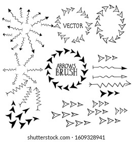 A set of hand-drawn arrows in different directions.Contour isolated drawing in cartoon style on a white background.Ready-made brushes for business projects, infographics, icons.