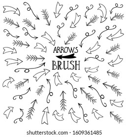 A set of hand-drawn arrows in different directions.Contour isolated drawing in cartoon style on a white background.Ready-made brushes for business projects, infographics, icons.