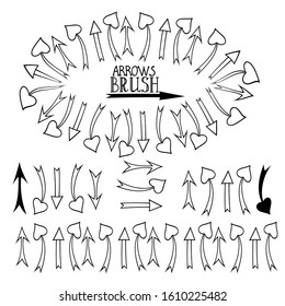 A set of hand-drawn arrows in different directions.Contour isolated drawing in cartoon style on a white background.Ready-made brushes for business projects, infographics, icons.
