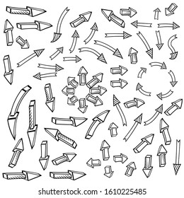 A set of hand-drawn arrows in different directions.Contour isolated drawing in cartoon style on a white background.Ready-made brushes for business projects, infographics, icons.