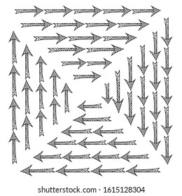 A set of hand-drawn arrows in different directions.Contour isolated drawing in cartoon style on a white background.Ready-made brushes for business projects, infographics, icons.