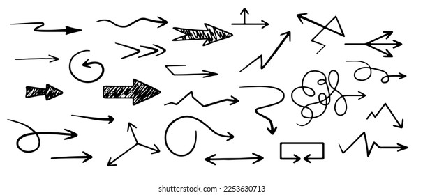 A set of hand-drawn arrows in doodle style. Pointers or cursors of different shapes and directions, zigzag, intricate arrows and curves, linear and shaded. Vector illustration
