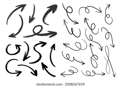 A set of hand-drawn arrows featuring various curves, loops, and styles in black, displayed on a white background, perfect for design use.