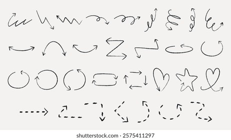 Set of hand-drawn arrows, featuring various styles like curved, zigzag, and dashed. Arrows for direction, movement, and navigation. Hand-drawn arrows for creative design. Element vector set.