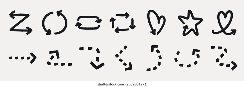 Set of hand-drawn arrows, including curved arrows. for creative design,  for navigation, arrows for decoration. Element vector set.