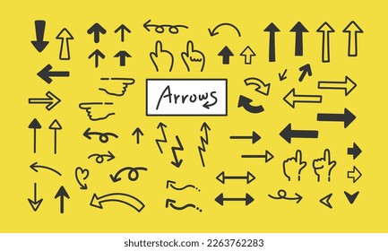 Set of hand-drawn arrows and index finger for a comic book design. Vector illustration isolated on a yellow background.