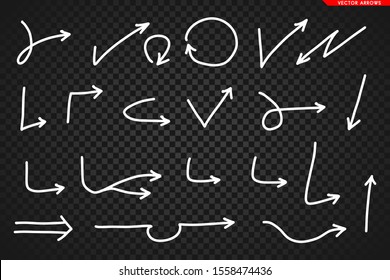 Set of hand-drawn arrows isolated on dark transparent background