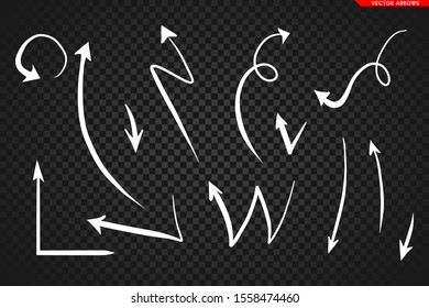 Set of hand-drawn arrows isolated on dark transparent background