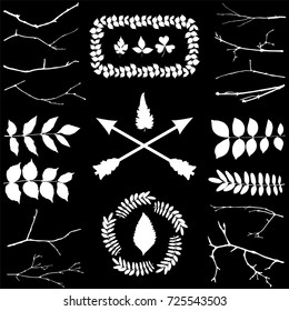 Set of hand-drawn arrows, leaves, branches, wreaths on a black background in vintage style.