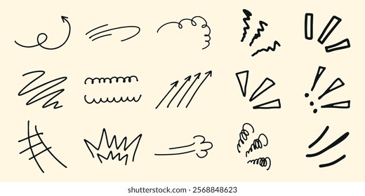 Set of hand-drawn arrows, lines, and doodles. Arrows and lines in various styles. Doodles add playful, artistic touch. Perfect for creative projects. Black hand drawn elements, vector set.