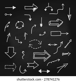 Set of hand-drawn arrows on chalkboard background. Infographic elements. Vector illustration