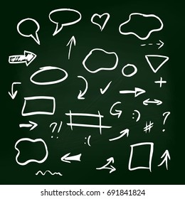 Set of hand-drawn arrows on green chalkboard background. Infographic elements. Vector illustration