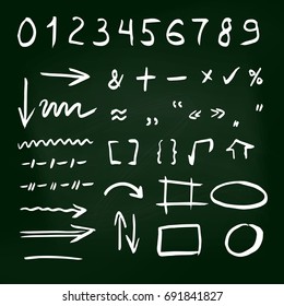 Set of hand-drawn arrows on green chalkboard background. Infographic elements. Vector illustration
