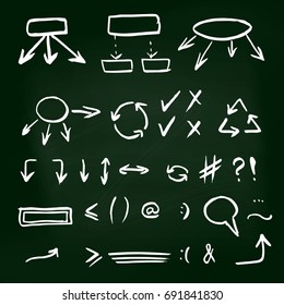 Set of hand-drawn arrows on green chalkboard background. Infographic elements. Vector illustration