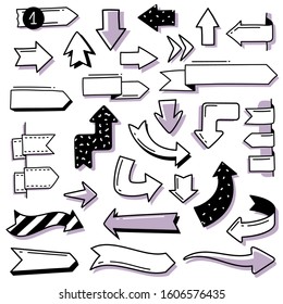 A set of hand-drawn arrows, pointers in Doodle style. Primitive, cute signs and symbols. Isolated objects. On a white background. Vector illustration