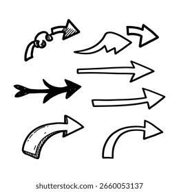 Satz handgezeichneter Pfeile, die in verschiedene Richtungen zeigen. Schwarze Vektorgrafik im Doodle-Stil auf weißem Hintergrund.