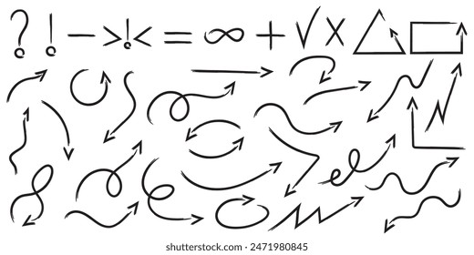 A set of hand-drawn arrows and punctuation marks, simple line art with black lines on a white isolated background.