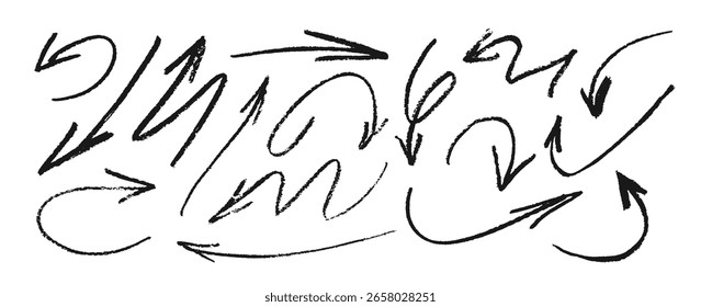 Set of hand-drawn arrows in a rough sketch style. Doodle direction pointers and cursors collection for infographics and web design, isolated on white background, vector illustration.