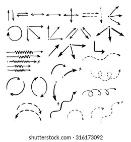 Set of hand-drawn arrows. Sketched set for presentation. Highlighting arrow icons for selection of the important text / Vector illustration