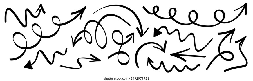 A set of hand-drawn arrows in various styles and shapes. Vector illustration.
