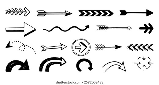 Set of hand-drawn arrows in various styles, straight, curved, wavy, and circular designs isolated on transparent background. For presentations, infographics, and creative projects. Vector art.