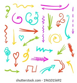 Set of hand-drawn arrows.Simple vector elements.Collection of various doodle direction indicators and pointers.Isolated.Vector illustration
